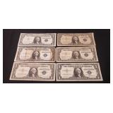 (6) Silver Certificate One Dollar Bills
