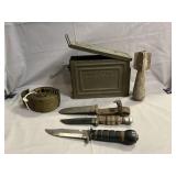 Metal Ammo Box, Inert Practice Bomb, Knives,