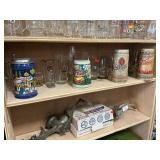Shelf Lot Of Beer Steins & Glasses