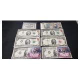 (2) One Dollar Bills w/ Stamps, (4) Two Dollar