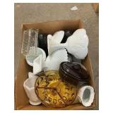 Box Lot Full Of Milk Glass, Colored Glass,
