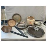 Vintage enamel Pot, Ladles, Copper Pan, Mrs.