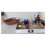 Tray Lot Of Assorted Glass Bottles, Wooden Bowl &