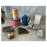 Vintage Tins, Enamel Coffeepot, Bronze-Like Lions