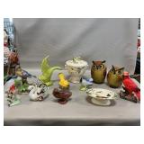 Pottery, Porcelain, Bisque Bird Figures, Covered