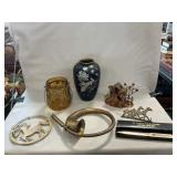 Brass Vase With M-O-P Overlay Design, Brass Horn