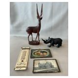 Carved Wooden Animals, Vintage Thermometer &