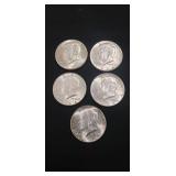 (5) Silver U.S. 1964 Kennedy Half Dollar Coins
