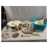Lot With Egg Plate, Figurines, Vintage Pencils &