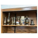 Shelf Lot With Brass, Mexican Pottery, Metalware