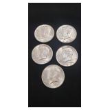 (5) Silver U.S. 1964 Kennedy Half Dollar Coins