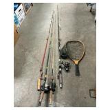(4) Fishing Rods, Net (With Daiwa Reel Tangled