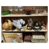Shelf Lot With Gourd, Candle Lamps, Liberty Bell