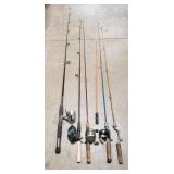 (5) Assorted Fishing Rods w/ (4) Reels & (1)