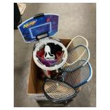 Box Lot With Racquetball Rackets, Nerf Hoop,