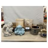 Lot With Small Garden Figures, Stoneware Crock,