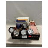 Lot With Seat Cover, Flashlights, Tent Stakes