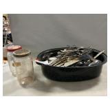 Bottom Half Of Enamel Roaster With Flatware,