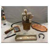 Knife Block W/Knives, Scythe, Hand Warmer,