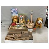 Lot With Wooden Blocks, Lamp Base, B.O. Dog, Ty