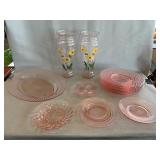 Pink Depression Plates, Platter, Handpainted