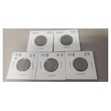 (5) U.S. Indian Head/Buffalo Nickels (1914 &