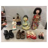 Antique Childï¿½s Shoes, Chalkware Asian Figure,