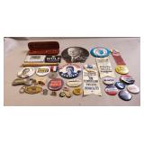 Tray Of Assorted Vintage Political Pins & More