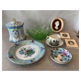 Lot With Ceramic Canister, Green Depression Bowl,