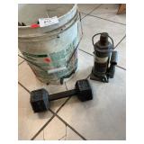 Bucket With 15 Lb. Dumbell, Bottle Jack, Iron