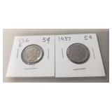(2) U.S. Indian Head/Buffalo Nickels (1936 &
