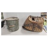 Vintage Wicker Fishing Creel & Vintage Galvanized