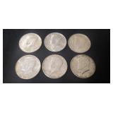 (6) Silver U.S. 1964 Kennedy Half Dollar Coins
