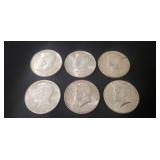 (6) Silver U.S. 1964 Kennedy Half Dollar Coins