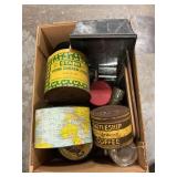 Box Lot With Tins, Blackboards, Antlers