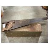 Vintage Tool Box With Hand Saw & Assorted Tools