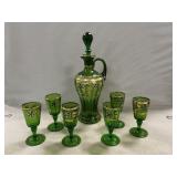 Bohemian Green Glass With Gold Overlay Decanter