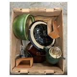 Box Lot With Pottery Bowl, Lids, Electric Lamp