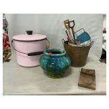 Pink Enamel Pot, Pottery Vase, Rat Teap, Vintage