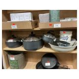Shelf Lot With T-Fal Pans, Pfaltzgraff Bowls,