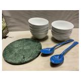 Marble Trivet, (7) Bowls, Enamelware Spoons