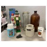Lot With Amber Bottle, Canister, Nutcracker,