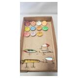 Tray Of Vintage Fishing Lures & Button Pins (1957