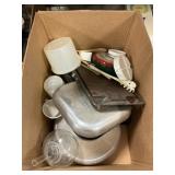Box Lot With Electric Skillet, Tupperware, Tins