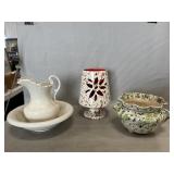 Ceramic Pitcher & Bowl, Candle Stand, 2 Pc.
