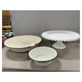 Fenton Silver Crest Cake Stand, Enamel Basin &