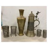 Metal Stein, Vase, Cups (1 Engraved 1902)