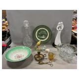 Lead Crystal Decanter, Bone China Bird, Colonial