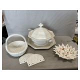 Ironstone Tureen, Ceramic Basket, Poinsettia Dish
