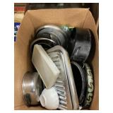 Box Lot With Pots & Pans, Enamel Roaster, Trays,